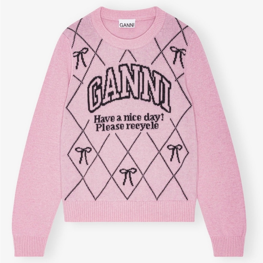 NWTA Ganni Pink Graphic Bow Sweater
